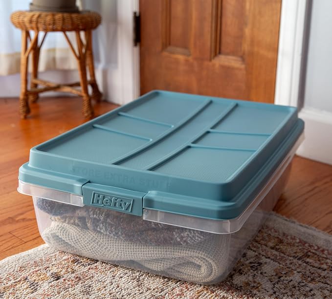 Hefty 40 Quart Hi-Rise Storage Bin with Lid, Stackable Plastic Container Tote for Home, Office, and Classroom Organization, 6 Pack, Smoke Blue