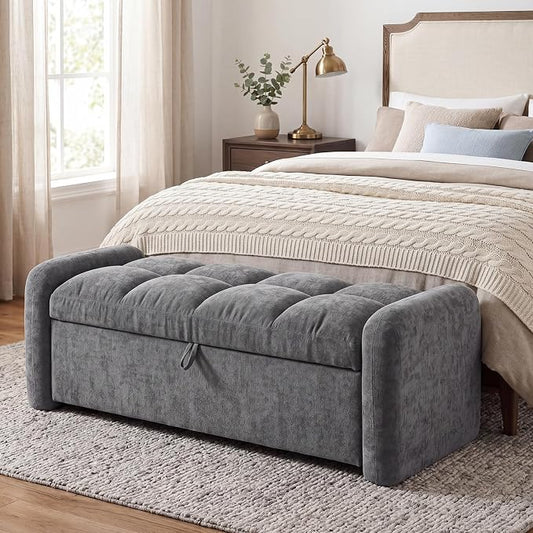 Oversized Chenille Ottoman Bench with Storage, Upholstered End of Bed Bench for Bedroom, Ottoman Foot Rest for Living Room, Dark Grey