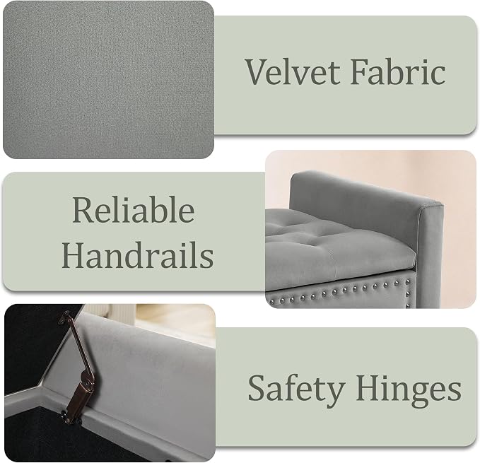 47in Velvet Storage Ottoman Bench with Arms, Upholstered Storage Bench with Wooden Legs, Storage Bench for Bedroom, Living Room, Dark Grey