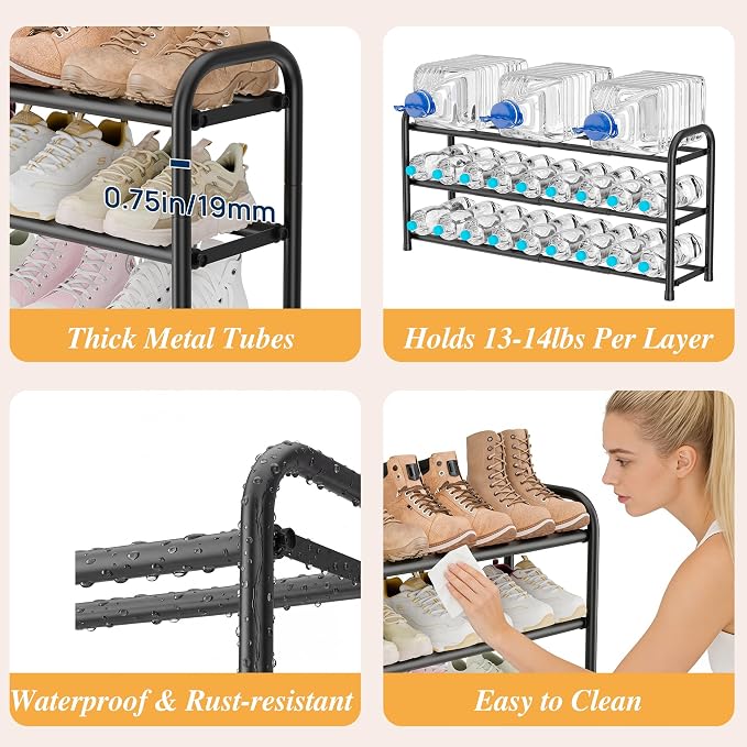 ENJOYBASICS 3 Tier Expandable Shoe Rack for Closet, Free Standing Metal Shoe Shelf Storage Organizer Holder 18 Pairs, Adjustable Width Shoe Rack for Entryway Small Space, Black