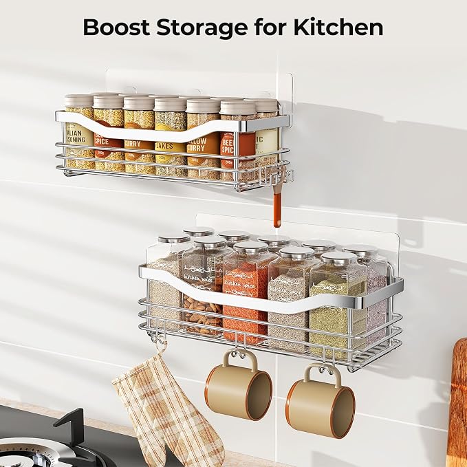 Orimade Shower Caddy Basket Shelf Storage Rack Pack of 2, No Drilling Wall Mounted Adhesive Rust Resistant Stainless Steel Shower Organizer with 5 Hooks for Bathroom, Toilet, Kitchen