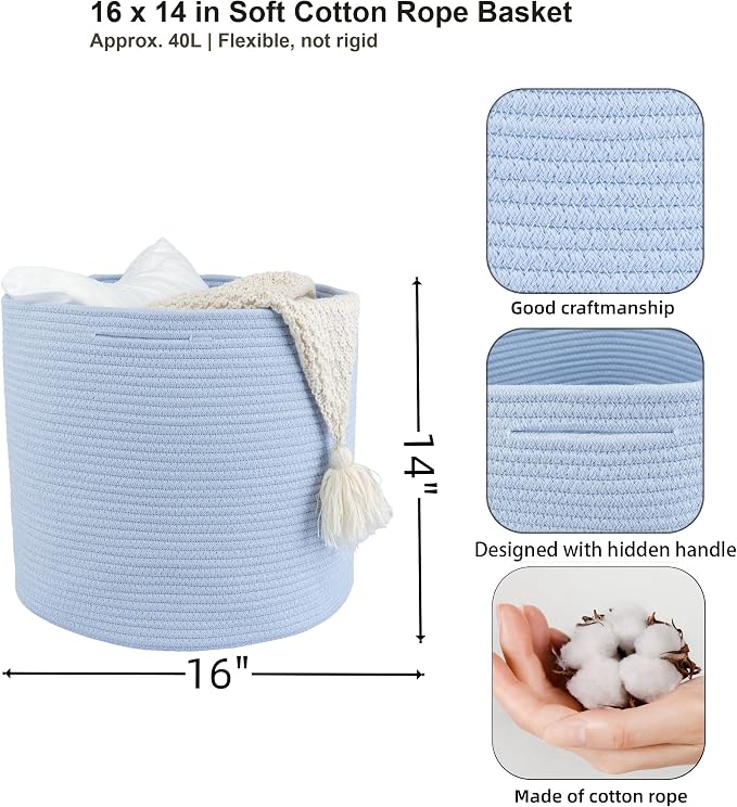 XUANGUO Cotton Rope Basket For Girls Boys Kids 16”X14 Blue | Baby Laundry Baskets, Blanket Basket, Nursery Bin; Round Woven Basket Organizer for Toy Storage, Blankets, Shoes and Clothes