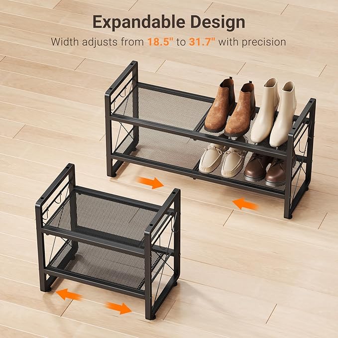 ELYKEN Expandable Shoe Rack for Closet, 2-Tier Metal Black Shoe Organizer | Adjustable Height Shoe Shelf for Boots, Heels, with 4 Hooks, Stackable Shoe Stand Holder for Entryway, Garage, Door Entrance