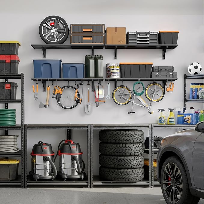 Jusgym 4 Pack Garage Shelving Wall Mounted with 16 Hooks, 1.5x4ft, 1000lbs | Heavy Duty Garage Wall Shelving, 7-Bar Square Tube, Metal Floating Shelves, Industrial Storage Rack for Bins, Tools, Bikes