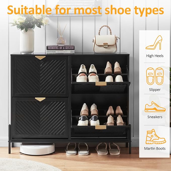Shoe Cabinet with 4 Flip Drawers, Narrow Entryway Rack, Black | Slanted Wood Grain, Freestanding, Adjustable Compartments, Removable Middle Shelf, Metal Handles, for Hallway Foyer Entrance