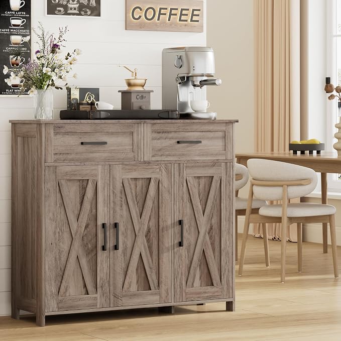 Homhedy Coffee Bar Storage Cabinet with Drawers, Kitchen Buffet Cabinet | Sideboard Cabinet with Doors, Farmhouse Buffet Cabinet, Adjustable Shelves, for Kitchen / Dining / Living Room, Greige