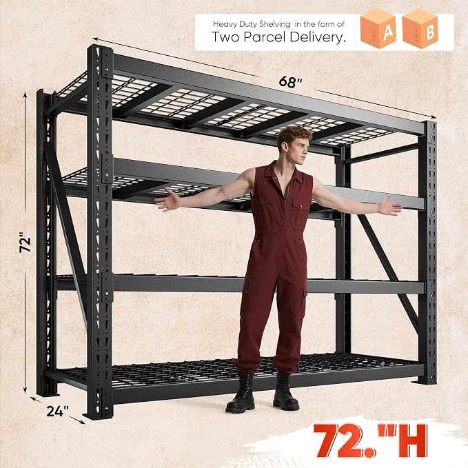 Bepatio 9400LBS Garage Shelving Heavy Duty,68'W Storage Shelves,Large Industrial Metal Shelving,4Tier Shelving Unit,Adjustable Rack Shelf for Basement Warehouse Commercial School,23.7'Dx72'H,Black