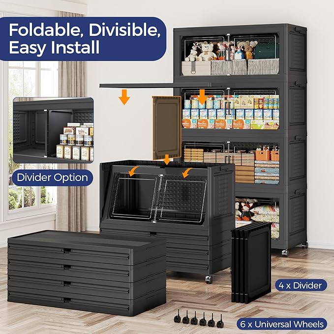 200GAL Extra Large Storage Bins with Lid, 800Qt Stackable Closet Organizers and Drawers, Collapsible Storage Bins with Wheels, Folding Containers for Home, Kitchen Office, 5Pack Black