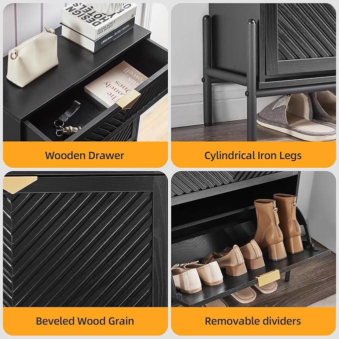 Shoe Cabinet with 2 Flip Drawers, Narrow Entryway Rack, Black | Slanted Wood Grain, Freestanding, Adjustable Compartments, Removable Middle Shelf, Metal Handles, for Hallway Foyer Entrance