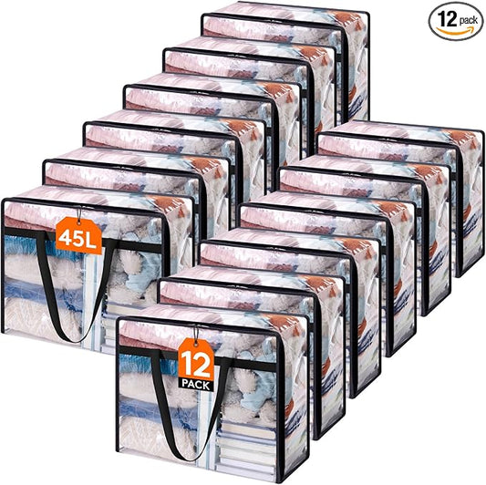 Lifewit 12 Pack Clear Clothes Storage Bags, 45L Plastic Blanket Storage Bag, Vinyl Foldable Moving Bags with Zipper, Closet Organizers and Storage Containers for Bedding, Duvet, Comforter