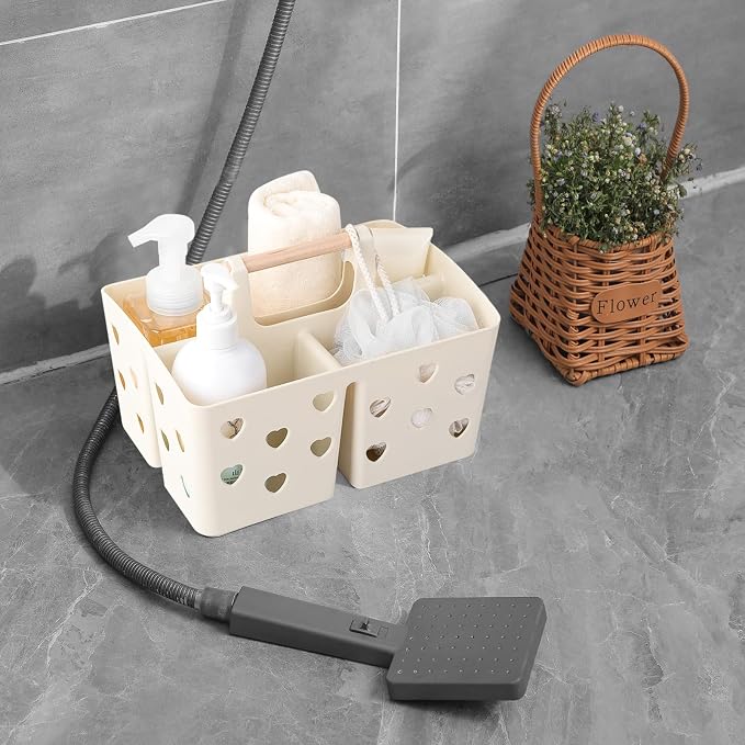 Portable Shower Caddy Plastic Shower Basket Organizer with Handle, Beige | Divided Bathroom Caddy Storage Cleanning Caddy Tote for College, Dorm Room, Kitchen