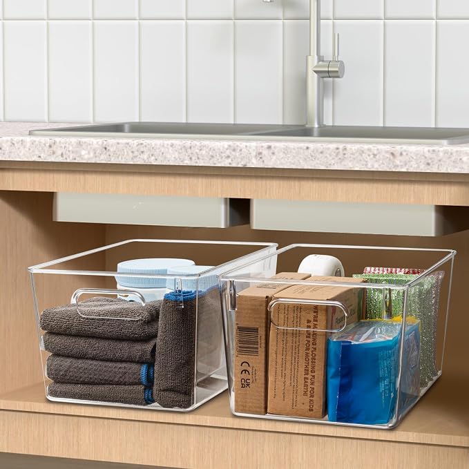 Tiawudi Set of 10 Clear Plastic Storage Bins, 4 Large and 6 Small Stackable Storage Containers for Pantry Organization, Organizer Bins for Home, Kitchen, Bathroom, Office, Cabinet Shelf Organizers