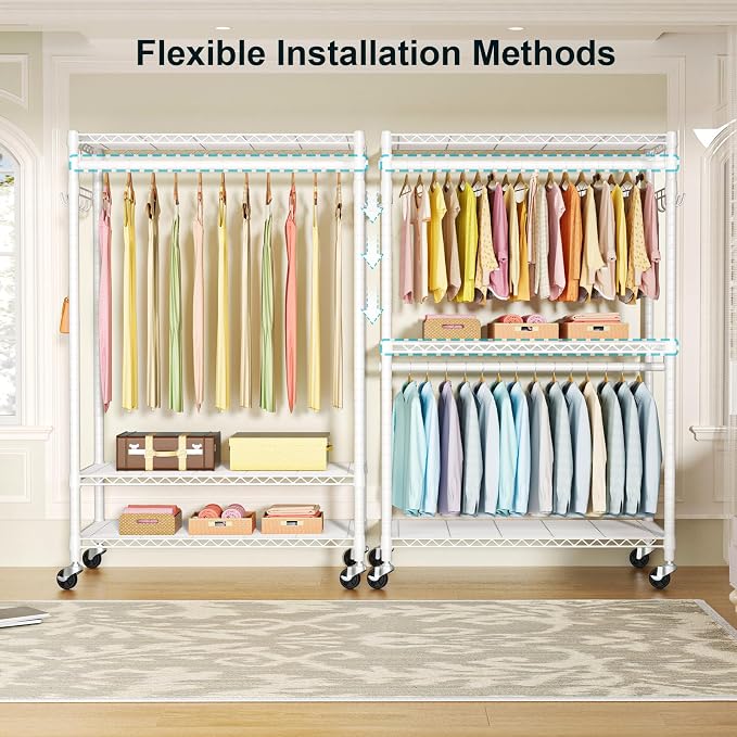 FUTASSI P1 Plus Rolling Clothes Rack, 22mm Diameter Heavy Duty Garment Rack | Freestanding Clothing Rack with Wheels and Double Rods, Portable Closet Wardrobe System Max Load 524lbs, White