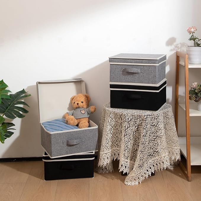 Storage Bins with Lid, Foldable Clothing Storage Box case with Handle for Closet, Bedroom, Home, Gray+Black, 13L x 12.5W x 7H inch