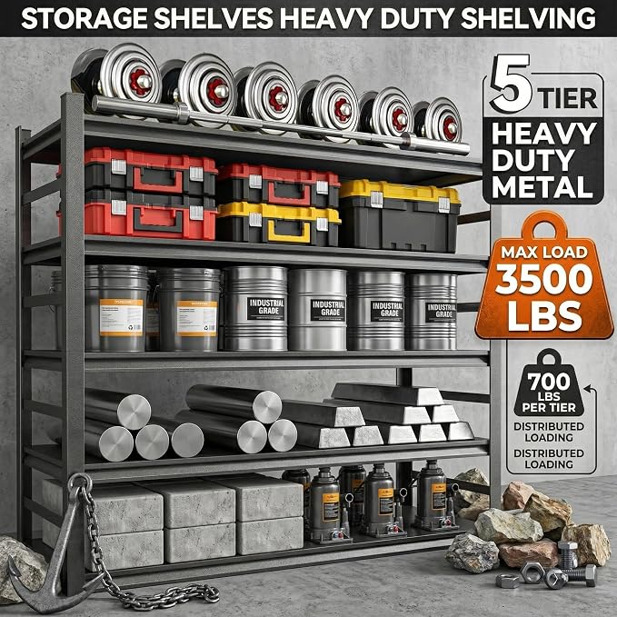 Garage Shelving, Heavy Duty Storage Shelves with Anti-Fall Rails | 3500 LBS metal shelving with Adjustable Industrial Steel Rack for garage, basement, pantry, kitchen and warehouse storage