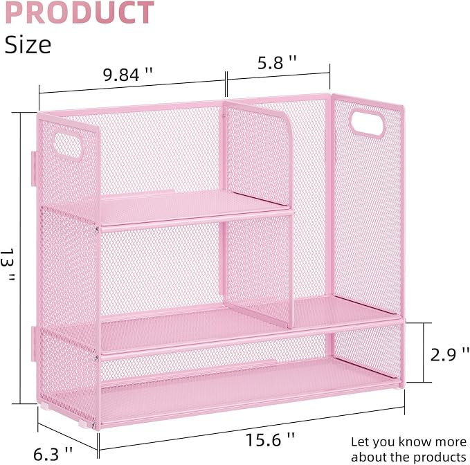 Marbrasse Desk Shelf Organizer with Handle, Bookshelf File Holder, Pink | 3-Tier Desktop Mesh Display Shelf Organizer Storage Rack for Office, Home, Supplies, Kitchen