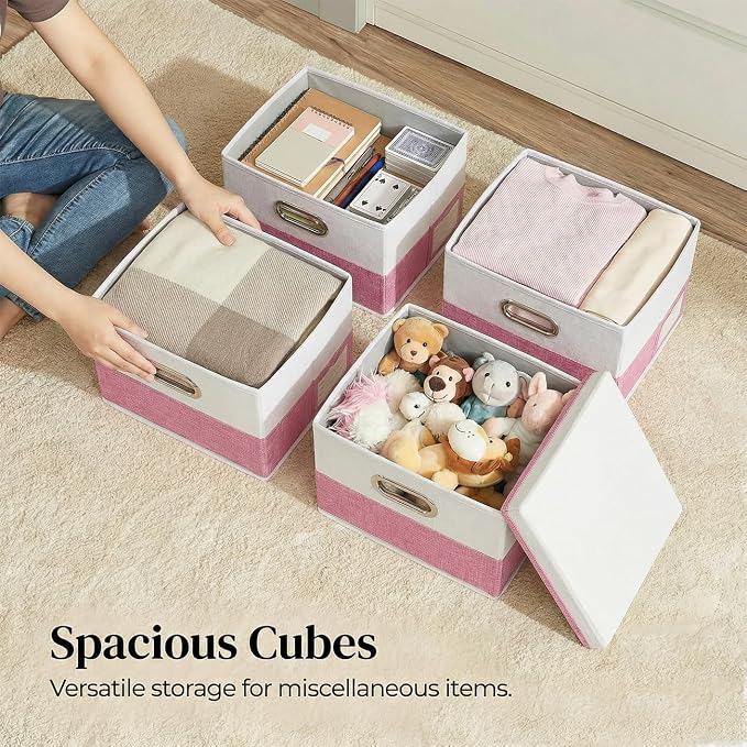 PRANDOM Storage Bins with Lids [3-Pack] Linen Fabric Foldable Storage Boxes Organizer Containers Baskets Cube with Cover for Bedroom Closet Office Pink&White（11.4X8.6X6.7