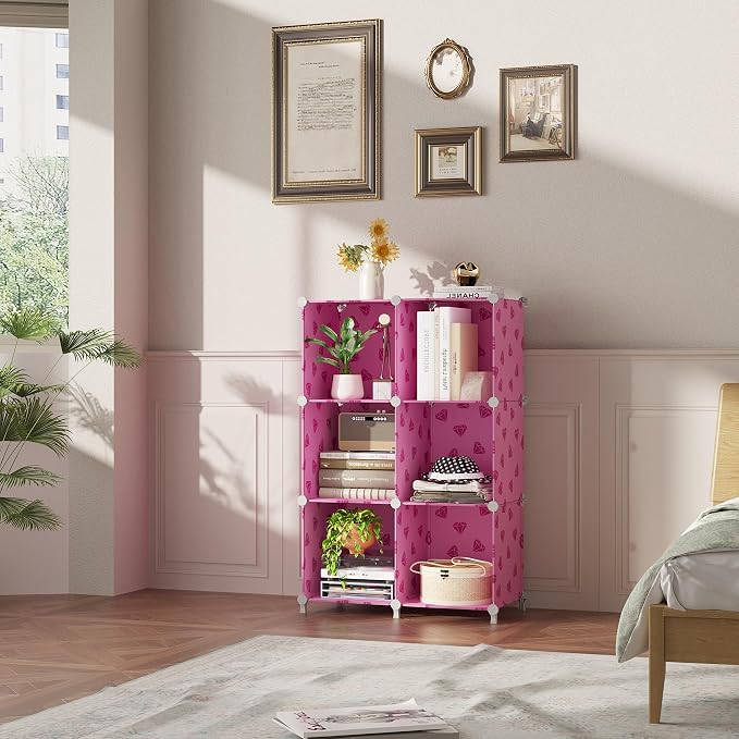 UNKU 6 Cube Storage Organizer, Closet Organizer Storage Shelves,Pink | DIY Stackable Bookcase, Clothes Organizer Shelf for Closet, Bedroom, Living Room, Cabinet, Home, Office