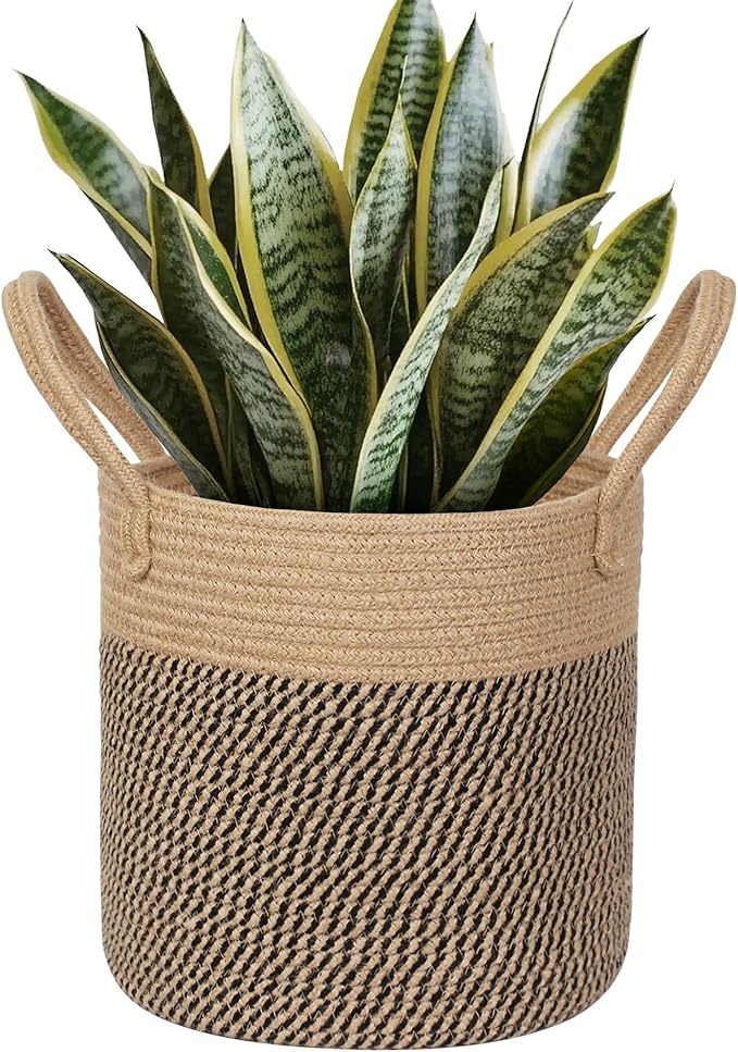 Round Wicker Basket with Handle, 11" Woven Jute Plant Basket for 10" Pot, Indoor Boho Tree Planter, Decorative Flower Pot Cover, Rustic Holder for Plants, Shoe Bin for Entryway, Black Stripes