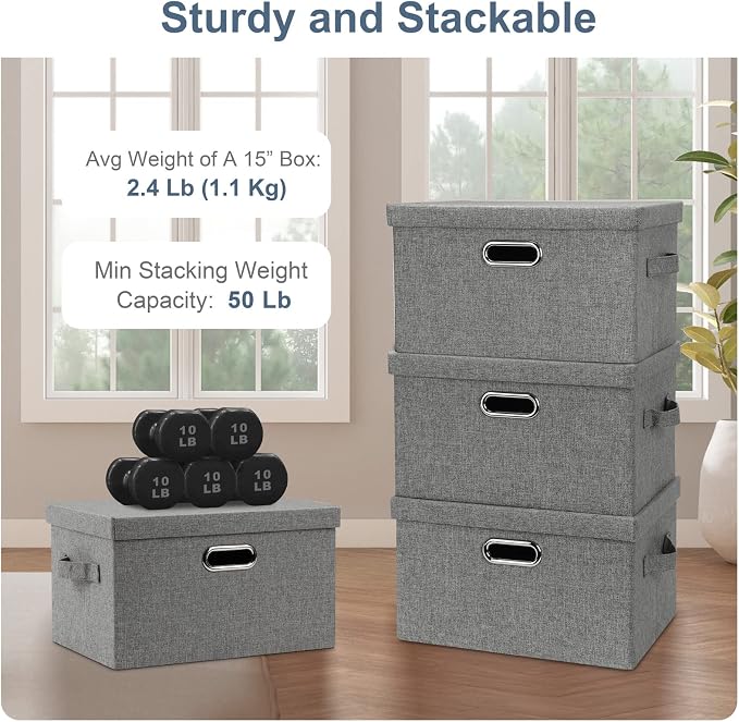 Graciadeco Medium 15" 21 Quart Collapsible Stackable Storage Bins with Lids, 3 Packs Grey Foldable Fabric Closet Boxes Heavy-duty Linen Cube Baskets Container for Bedroom Office (15 x 11 x 8) | 21 Quart 3 Pack Gray1 Collapsible Stackable Linen Fabric 4...