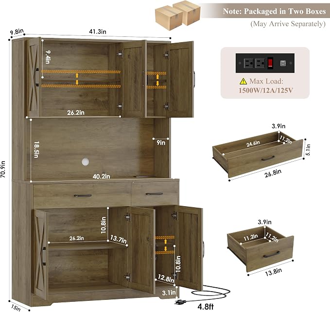 HOSTACK 71" H Kitchen Pantry Storage Cabinet,Farmhouse Hutch Cabinet, Brown | Space-Saving Pantry Cabinet with Charging Station & 2 Large Drawers & Adjustable Shelves, Tall Kitchen Hutch for Dining Room