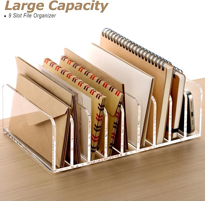 SANRUI Clear Desk Mail Organizer, 9 Slot Acrylic Office Document Sorter | File Storage Holders, Multifunction Letter Folder Racks Holders for Office,Home, School Desktop Organization
