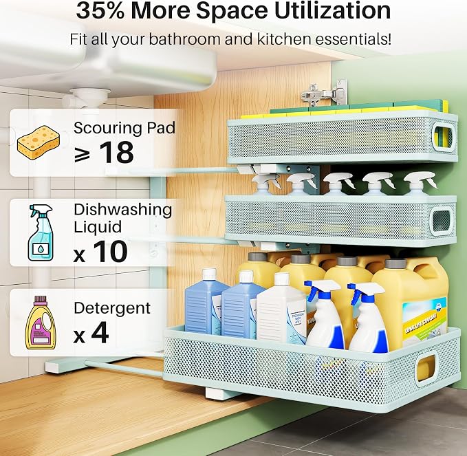 Under Sink Organizer, 1-Pack 3-Tier Height Adjustable Thickened Metal Pull out Cabinet Organizer Shelf, Slide out Storage Drawer Rack for Bathroom Kitchen Pantry Home Organization, LightBlue