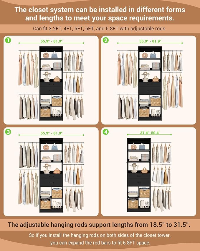 Besiost Small Closet System, 3.2-6.8FT Small Closet Organizer with 5 Hanging Rods, Can Fit 37.5 to 81.9 inch Walk-in Closet System, Built-in, Black, Enclosed Storage Volume 2.32 ft³