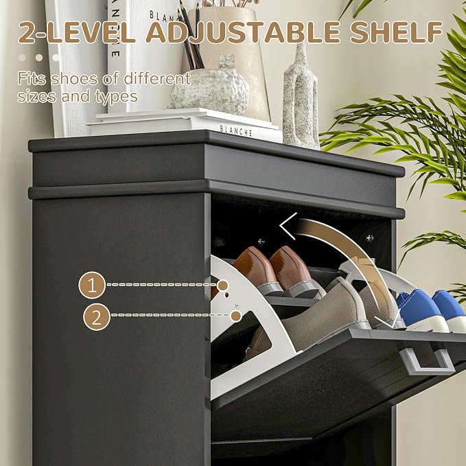 HOMCOM Narrow Shoe Cabinet with 2 Flip Drawers, Modern, for Entryway, Black | Freestanding Small Shoe Storage Cabinet, Adjustable Shelves, Hallway