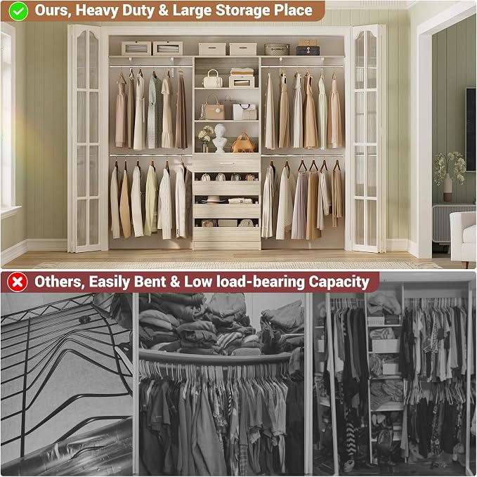 Aheaplus Closet System with 4 Drawers, 8FT Wood Closet Organizer System, 96’’ Closet Built In System Tower with Shelves, Walk-in Closet Wardrobe Clothes Garment Rack, Fits Spaces 4-9 ft, White Oak