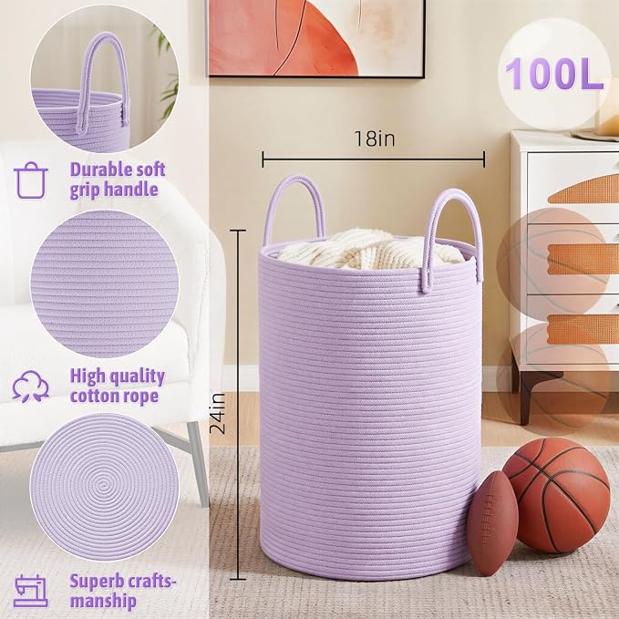 Artfeel Laundry Basket,Woven Cotton Rope Laundry Hamper,100L for Decorative Storage of Dirty Clothes,Toys and Blankets in Bathroom,Baby Room and Living Room