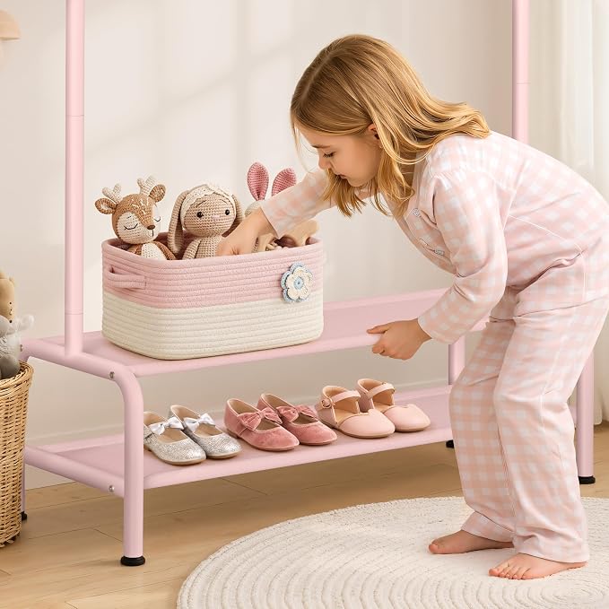 mirolam Kids Clothing Rack - Dress Up Storage - Dress Up Rack for Little Girls - Small Kids Costume Wardrobe with 2 Fabric Shelves - Princess Room Bedroom Decor
