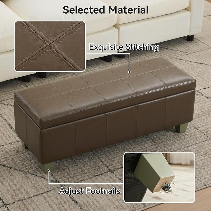 WUTUTUEE 41" Faux Leather Storage Ottoman, Stitch Tufted Rectangle Upholstered End of Bed Storage Bench, Entryway Large Couch Ottoman with Wooden Legs, Coffee