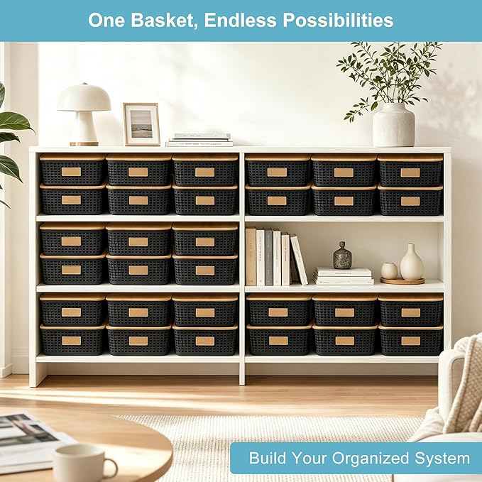 Bagnizer 4 Pack Plastic Storage Bins with Bamboo Lids, 6.2qt Stackable Storage Organizer Box with Lable for Pantry Shelves Drawers Desktop Office, 12"L x 8.3"W x 3.5"H, Black