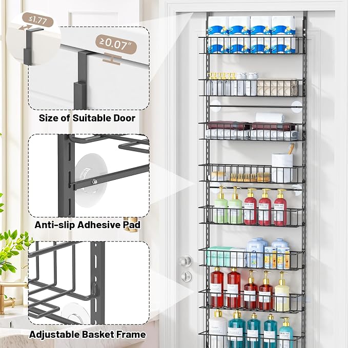 ElegantArray 9-Tier Pantry Door Organizer, Deep Gray | Over The Door Pantry Organizer Rack and Storage, Hanging Spice Rack Shelves Door, Home Office Laundry Room Bathroom & Kitchen