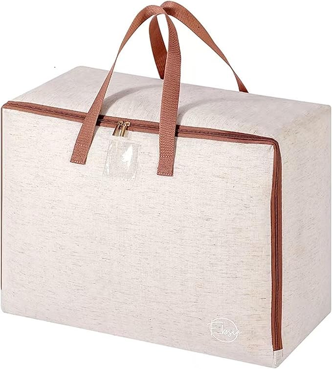 82L Storage Bag for Clothes, Comforters, Blankets, Bedding, Pillows, Stuffed Toys, Jackets with Sturdy Handles, Clear Label Tag, Zippered, for use at Home, Travel or Move, 24x17x12 (Beige, Large)