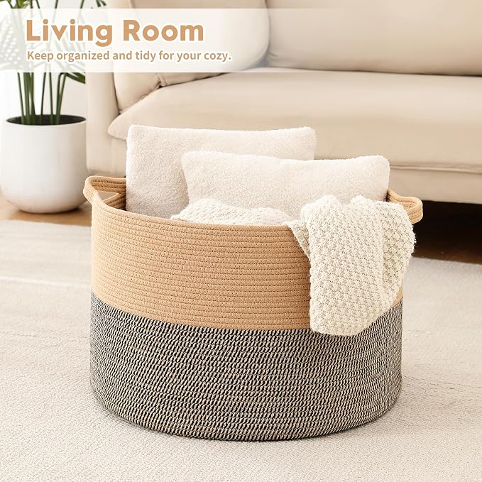 Foldable Laundry Hamper Basket with Collapsible Handle Cotton Rope Soft Woven Fabric Storage Organizer Clothes Toys Nursery Bedroom Dorm Space Saving Bin (Camel & Mix Camel, 80L(21.7"D x 13.8"H))