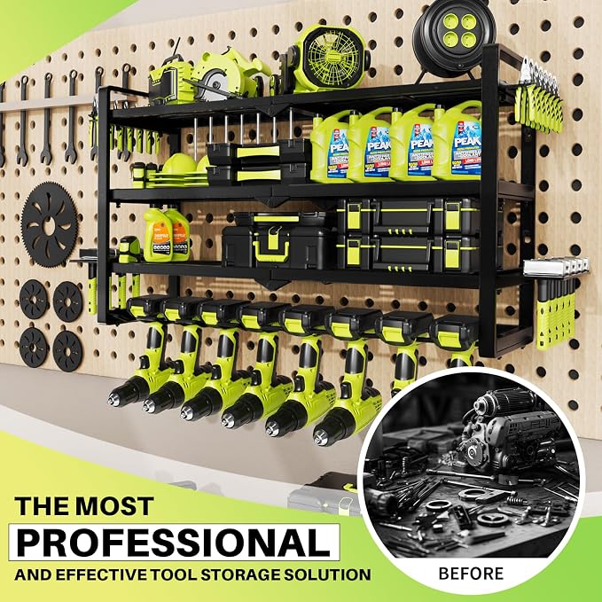 Hipidian Fathers Day Best Gifts for Daddy, Heavy Duty Power Tool Organizer Wall Mount- 400lb Capacity 4-Tier Storage Rack with 8 Drill Holders for Garage Tools, Birthday Gifts for Men Dad Husband