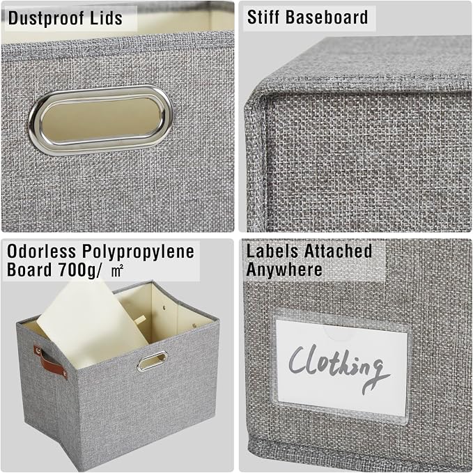 17" Large Collapsible Storage Bins with Lids, Stackable Closet Organizers with PU Handle and Labels, 3-Pack Decorative Fabric Storage Boxes for Home, Bedroom, Closet, Office, Nursery(Gray)