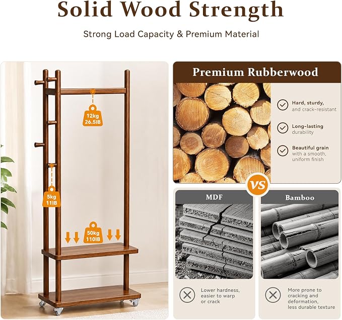 Taitiy Coat Rack Freestanding Wood Garment Rack 2 Shelves 5 Hooks | Bedroom hallway entryway living room hotel, durable wood construction, mobile wheel design, coats clothes bags storage