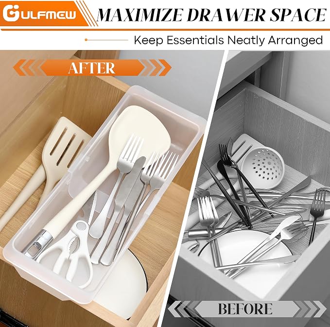 2 Pack Adjustable Deep Drawer Organizer Storage Bin(12.4" to 18”) | Expandable Drawer Storage, Adjustable Size, Kitchen Cabinet Organization