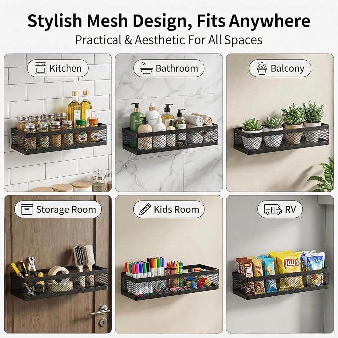 PUSDON 16.5-Inch Extra Long Slim Mesh Shower Caddy, Wall Mounted Bathroom Organizer with Adhesive, Heavy Duty Rustproof Shelf for Narrow Kitchen Pantry & RV, Holds 50 LBS 2-Pack - Matte Black Netting
