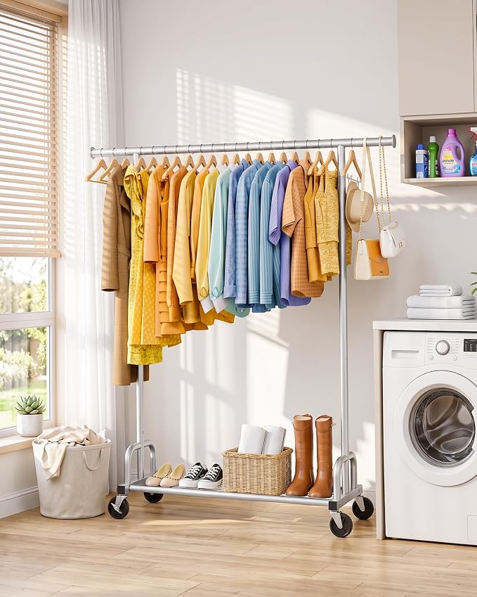 Sakugi Clothes Rack - Large-Capacity Clothing Racks for Hanging Clothes with Lockable Wheels, Space-Saving Metal Coat Rack for Bedroom, Laundry Room, Entryway, 45.6" x 16.9" x 59", Silver
