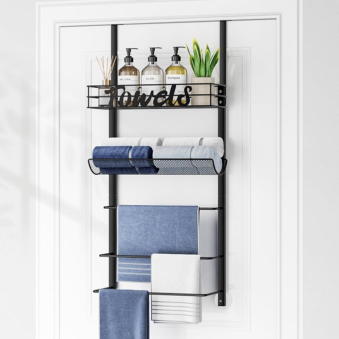 SWTYMIKI Over the Door Towel Racks for Bathroom - 5-Tier Wall Mounted Bathroom Towel Storage Organizer Holder with Metal Shelf, Black