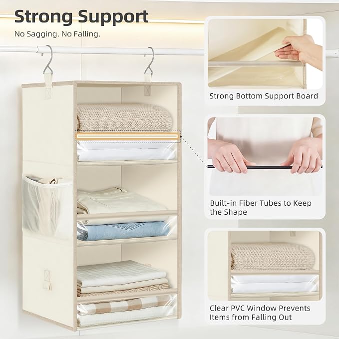 STORAGE MANIAC 6-Shelf Hanging Closet Organizer and Storage, 2 Separable 3-Shelf Haning Organizers for Closet, Collapsible Hanging Shelves Wardrobe Organization, College Dorm Room, Nursery, Beige