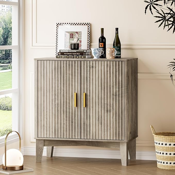BORNOON Storage Cabinet with Doors and Adjustable Shelf, Modern Fluted Sideboard Buffet Cabinet, Freestanding Coffee Bar for Kitchen, Pantry, Entryway, Living Room (Weathered Gray)