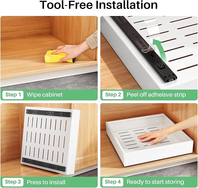 Pull out Cabinet Organizer, 21"Deep, 11.8"Wide Full-Extension Heavy Duty Slide out Drawers with Nano Adhesive, Roll Out Shelves Sliding Cabinet for Kitchen, Bathroom, Pantry,Under Sink Storage(White)