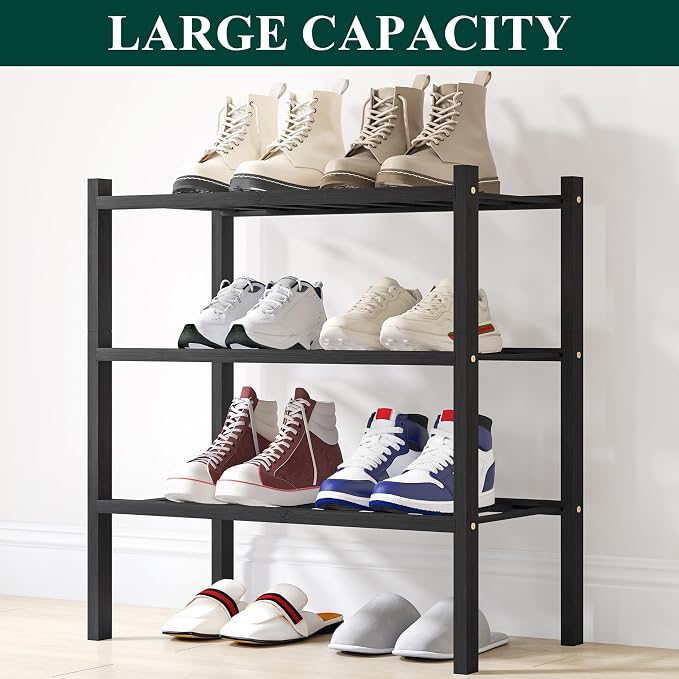 Smiry Bamboo Shoe Rack, 12 Vertical Slats, 3 Tier - 17.3" Wide, Black | Stackable Free Standing Wooden Shoe Organizer, Wood Shoe Storage Shelf for Closet, Entryway