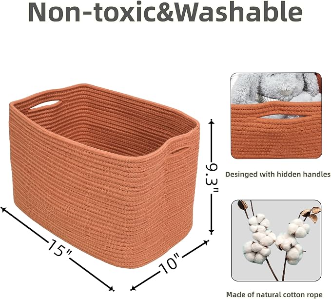XUANGUO Woven Cotton Rope Storage Baskets 15x10x9.3" 3 Pack Rust | Decorative rectangular baskets for shelves and closets; storage bins help organize clothes, toys, books and nursery items.