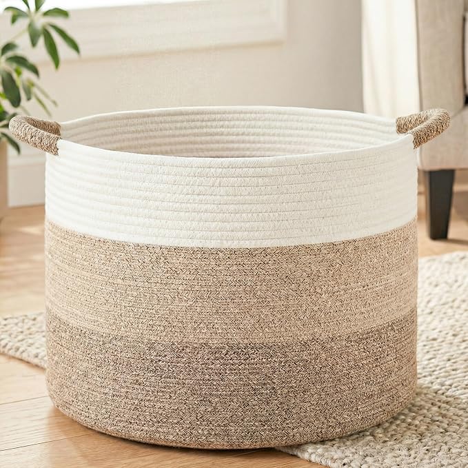 Artfeel 40L Large Cotton Rope Basket, Decorative Woven Blanket Storage for Living Room, Boho Toy Storage & Toy Box for Kids, Versatile Laundry Basket & Nursery Hamper for Blankets(Brownyellow)